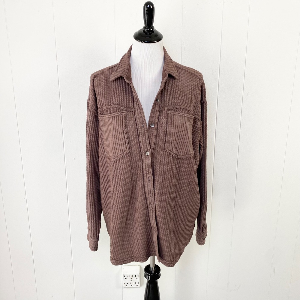Aerie Shirt Womens sz S Brown Lumberjane Waffle Knit Shacket Oversized Thermal